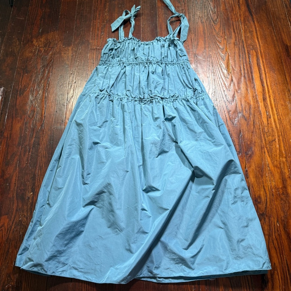 ZARA Dress Womens L Blue Ruffled Tie Straps Long Tent Empire Babydoll